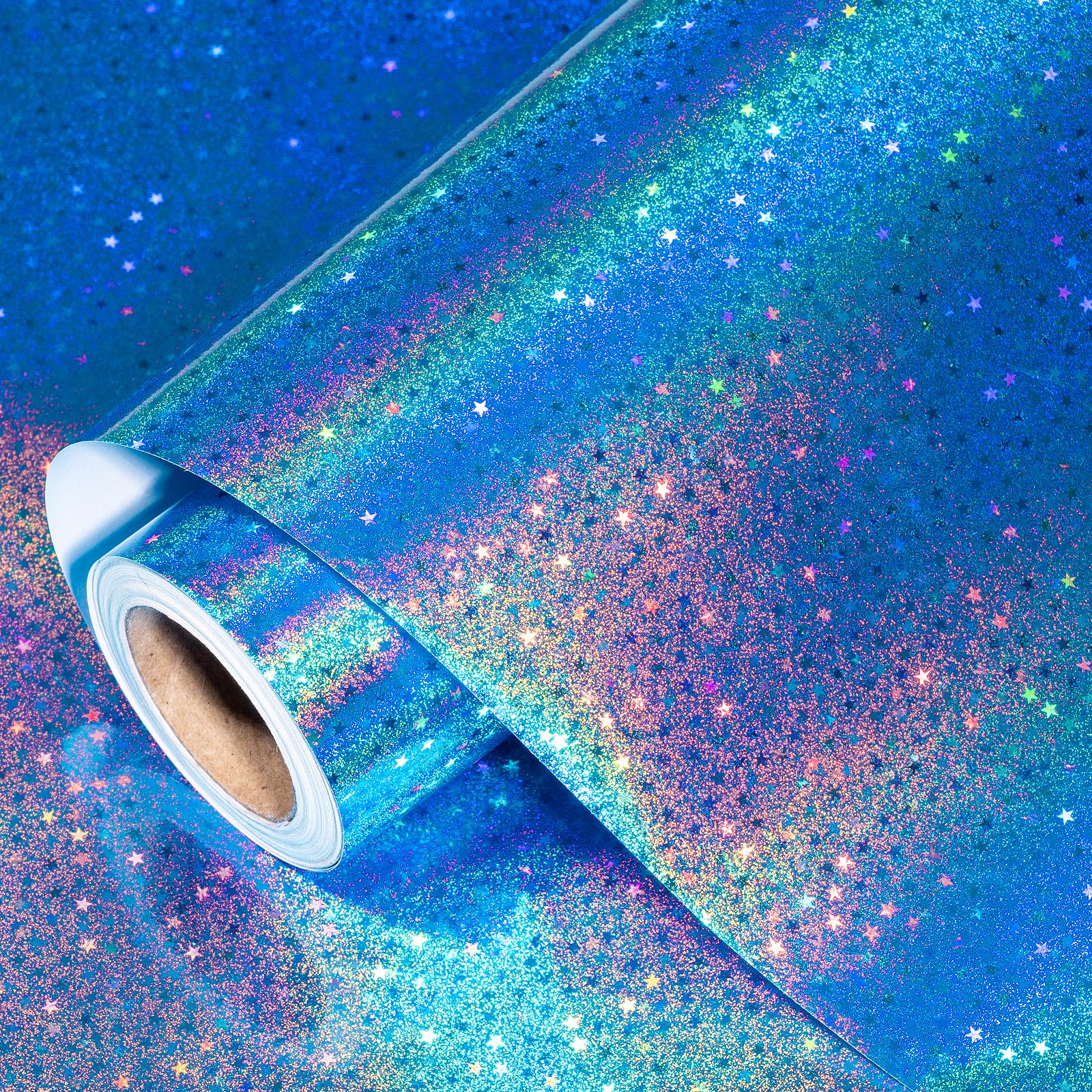 RUSPEPA Blue Holographic Wrapping Paper Roll - Metallic Stars Gift Wrap for Boys & Girls, Birthday, Wedding, Father's Day, Christmas & Baby Shower, 43.2cm x 5m