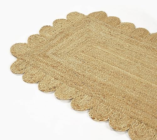 Miniatura 5 de GRUHUM Alfombra de yute festoneada de 2 pies 6 pulgadas x 4 pies de fibra natural, rectangular, bohemio, reversible, tejida a mano, suave, rústica,