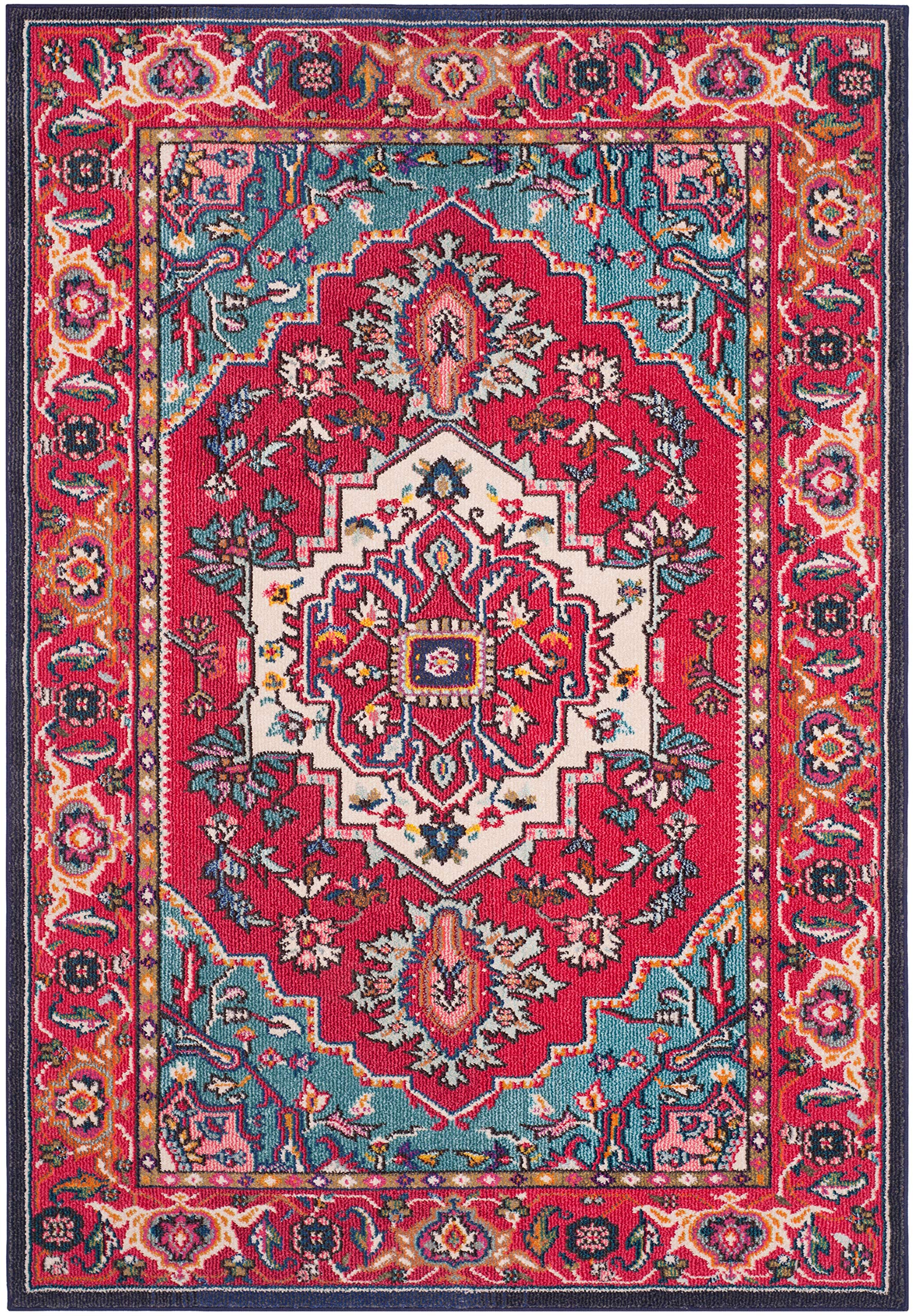SAFAVIEH Boho Rug for Living Room, Dining Room, Bedroom - Monaco Collection, Short Pile, in Red and Turquoise, 61 X 91 cm