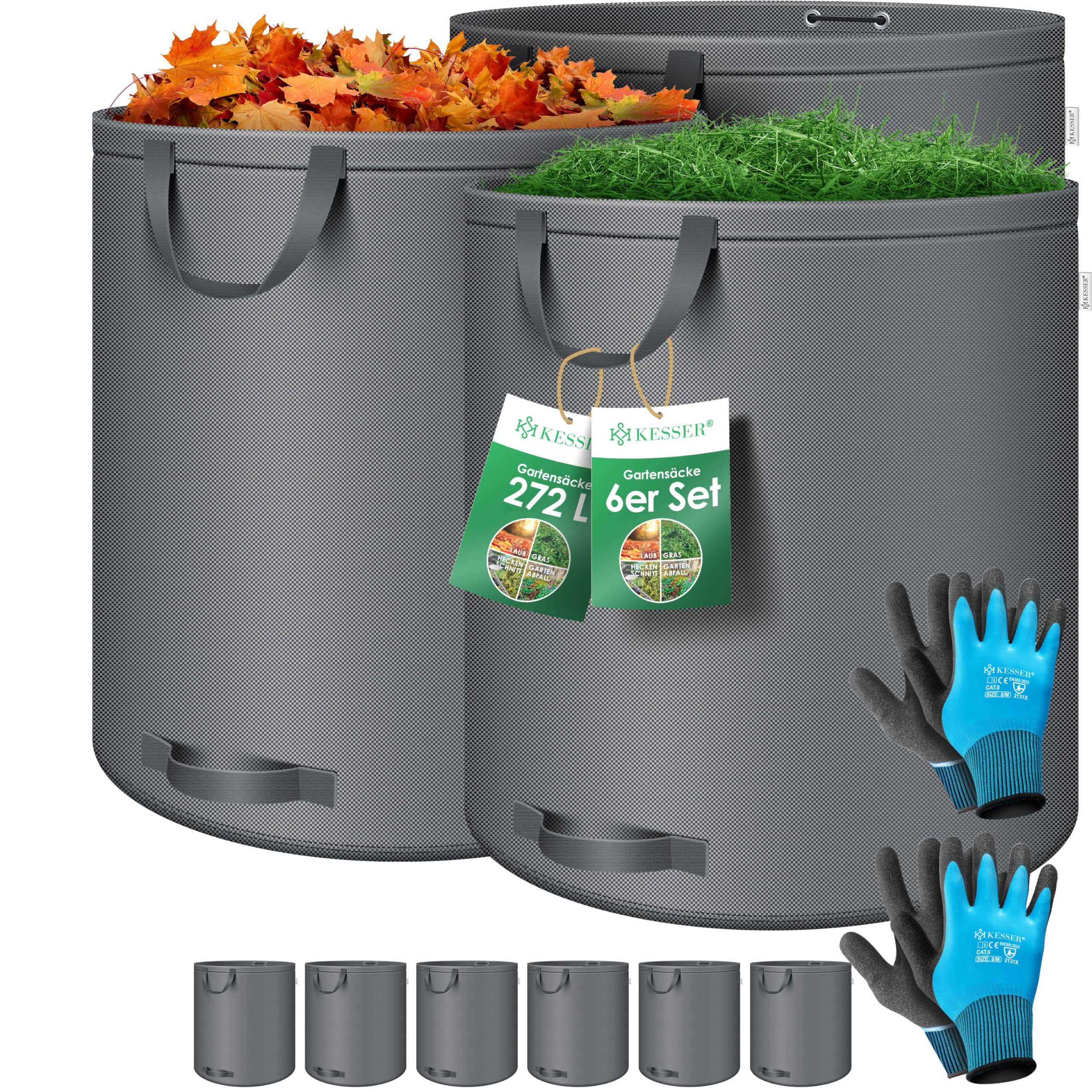 KESSER® Gartensack 6x 272L Set Laubsack Gartenabfallsack inkl. Handschuhe - Selbststehend 4 Griffe Stabil Robust & Faltbar - Laubsäcke Rasenschnitt Gartensäcke für Gartenabfälle Grünschnitt Anthrazit