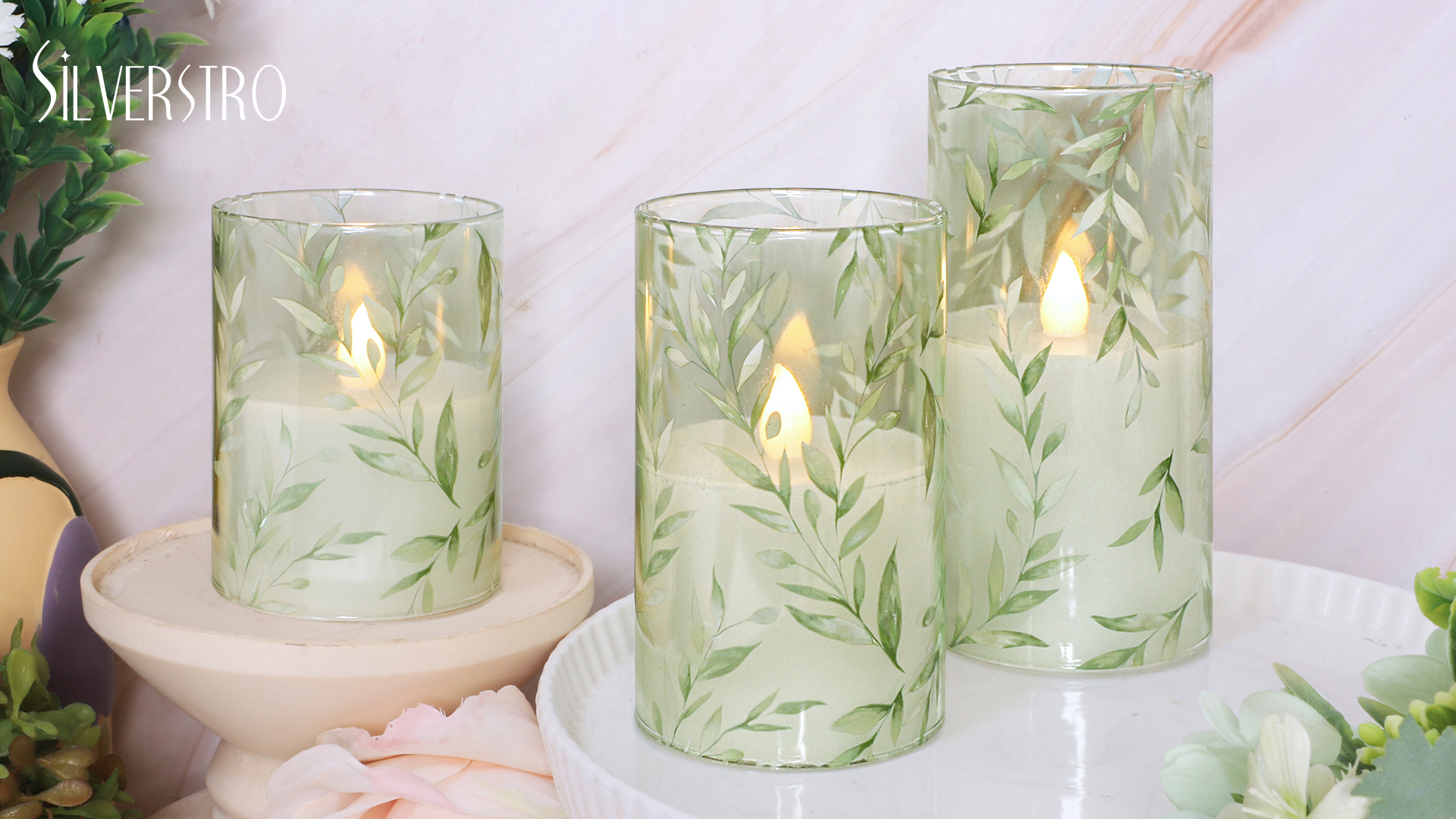 Image of Green Flameless Candles with Remote Control - Willow Leaf Design Battery Operated Candles - Elegant Home Christmas Spring Summer Decor Set of 3