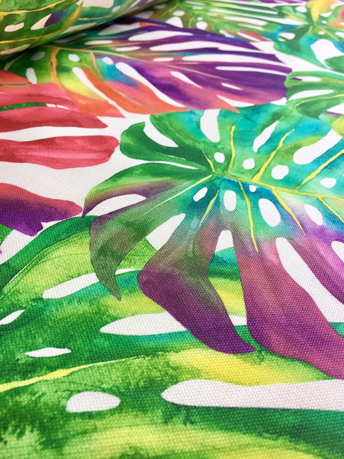 Tropical Palm Leaves Fabric Curtain Upholstery Cotton Material Jungle Palm Leaf - Red Pink Green - 110'' Extra Wide (Sold by The Yard)