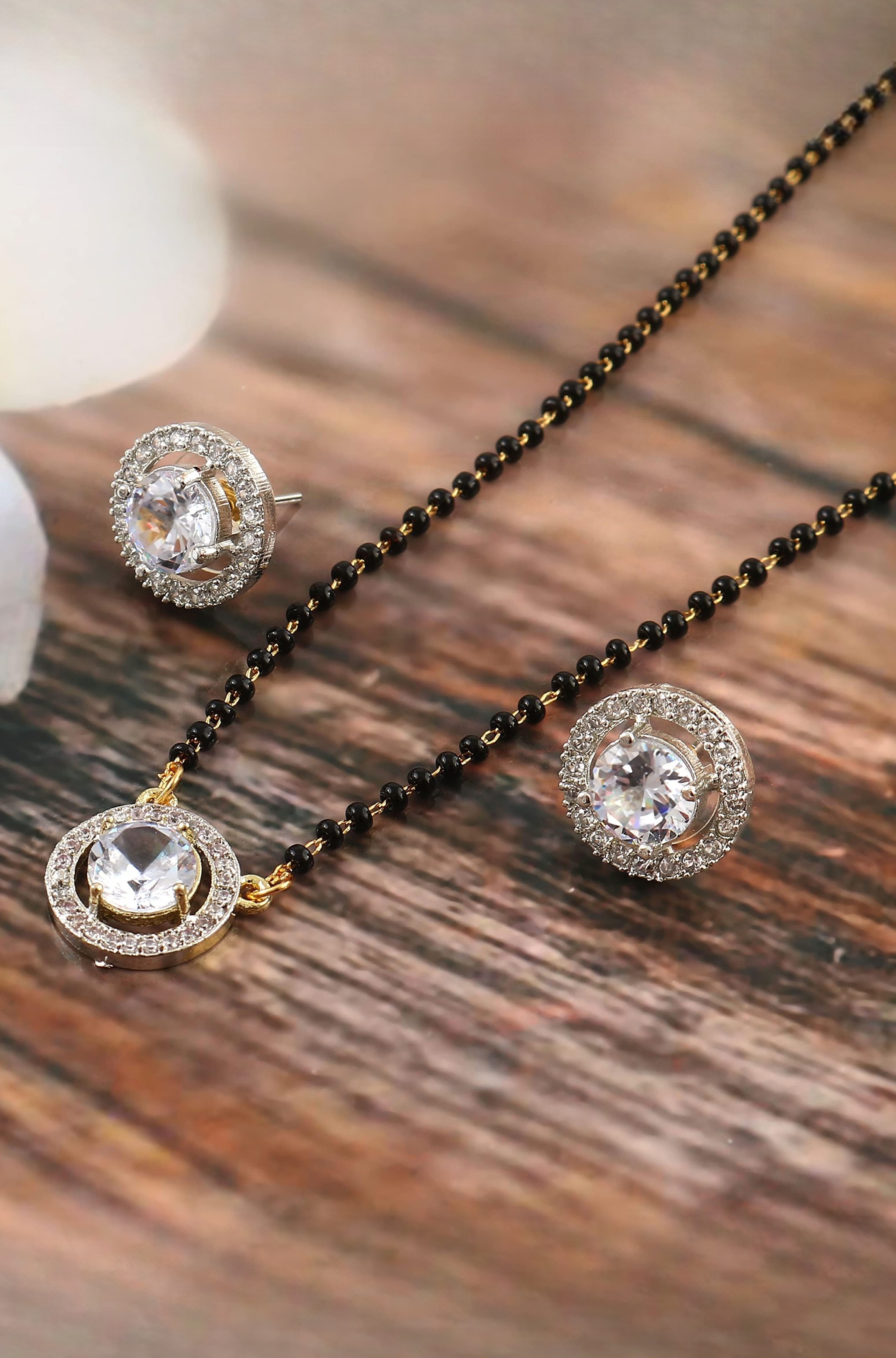 Jewar Mandi Mangalsutra Black Crystal Beads Chain Wedding Bridal Ad Cz Color Stones Two-Tone Silver Gold Plated Pendant Tanmaniyam Jewelry With Earrings For Women