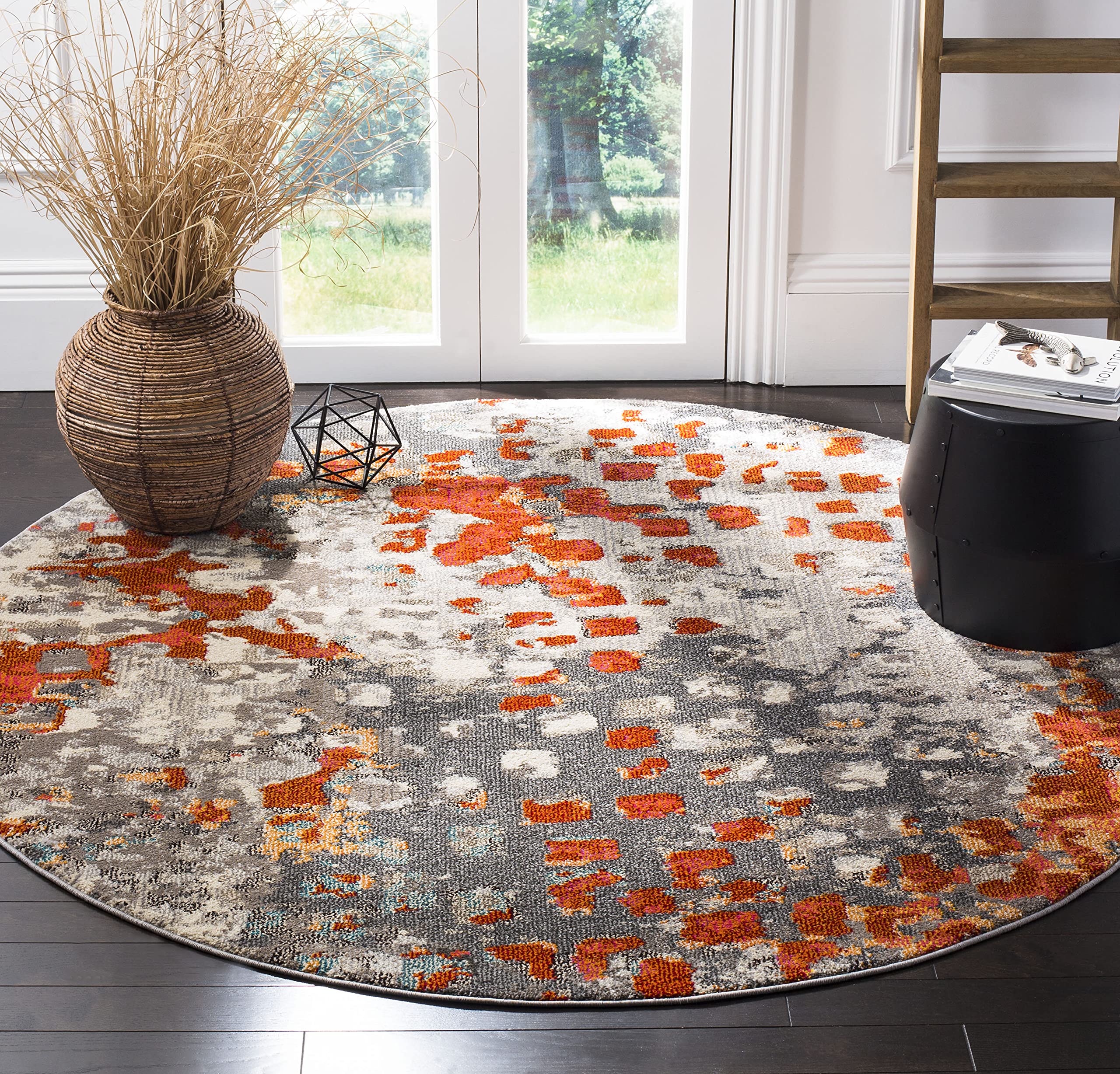 SAFAVIEH Monaco Collection Area Rug - 6'7" Round, Grey & Orange, Boho Chic Abstract Watercolor Design, Non-Shedding & Easy Care, Ideal for High