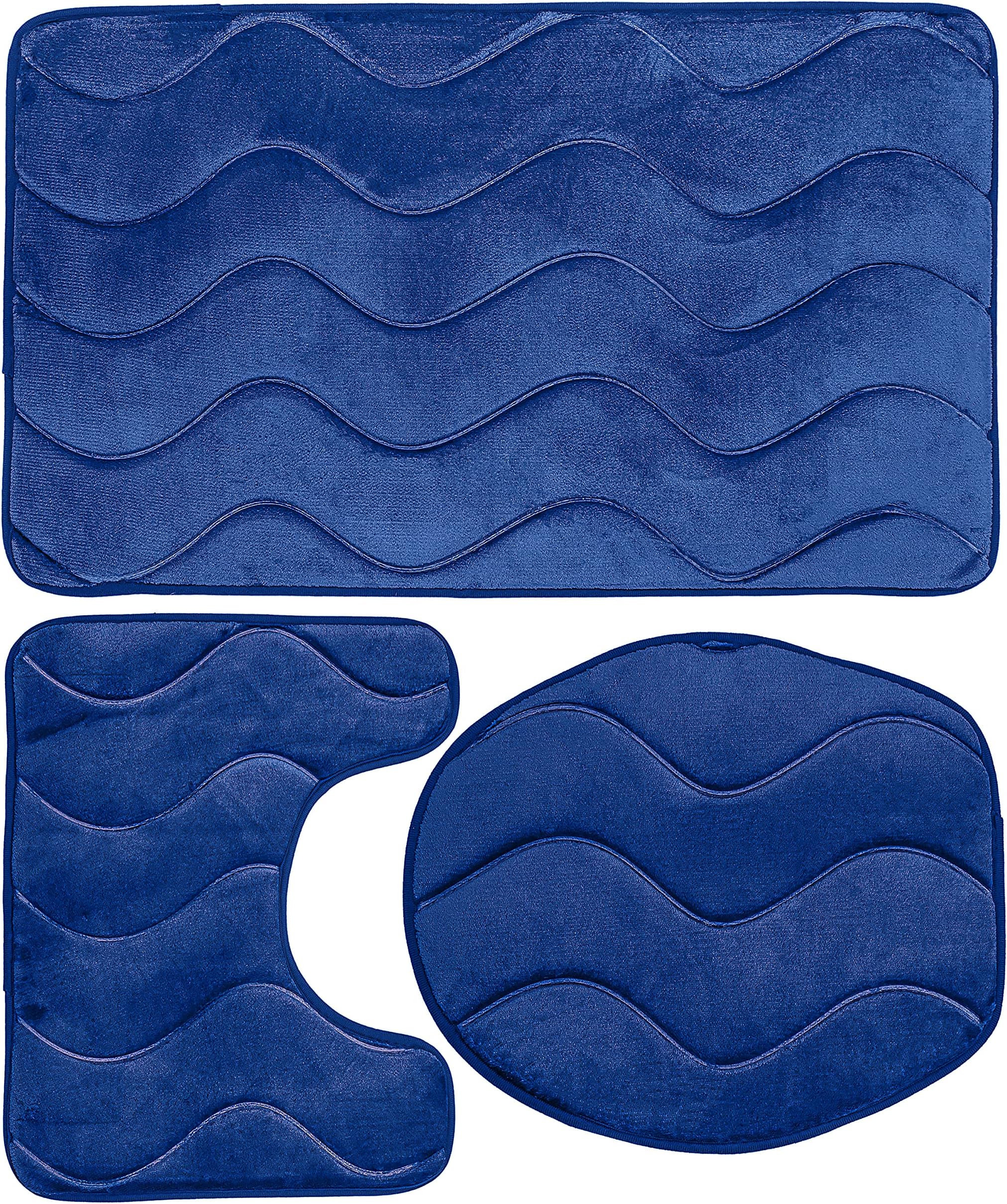 HEDRIX 3PC Memory Foam Bath Mats Soft Plush Crown Design Anti-Slip Shower Bathroom Contour Toilet Lid Cover Rugs (Blue),Standard