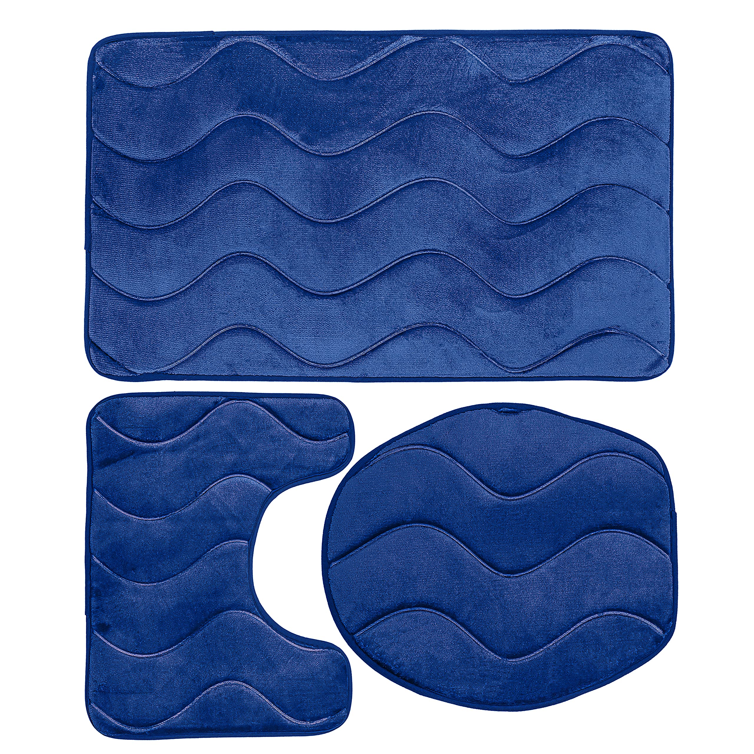 HEDRIX 3PC Memory Foam Bath Mats Soft Plush Crown Design Anti-Slip Shower Bathroom Contour Toilet Lid Cover Rugs (Blue),Standard