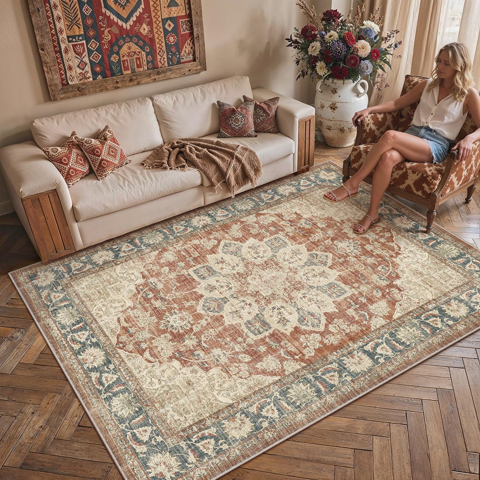 PureCozy Vintage Teppich Wohnzimmer Schlafzimmer Waschbarer | Waschbarer Teppich Wohnzimmer, Rutschfest, Geeignet Für Schlafzimmer, Esszimmer,Büro