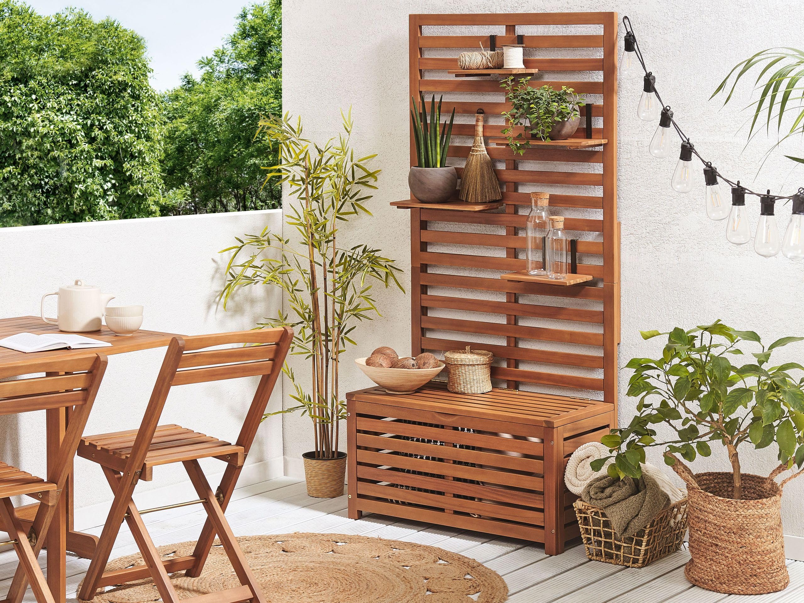 Panca da giardino in legno di acacia 80 cm con mensole e pannello