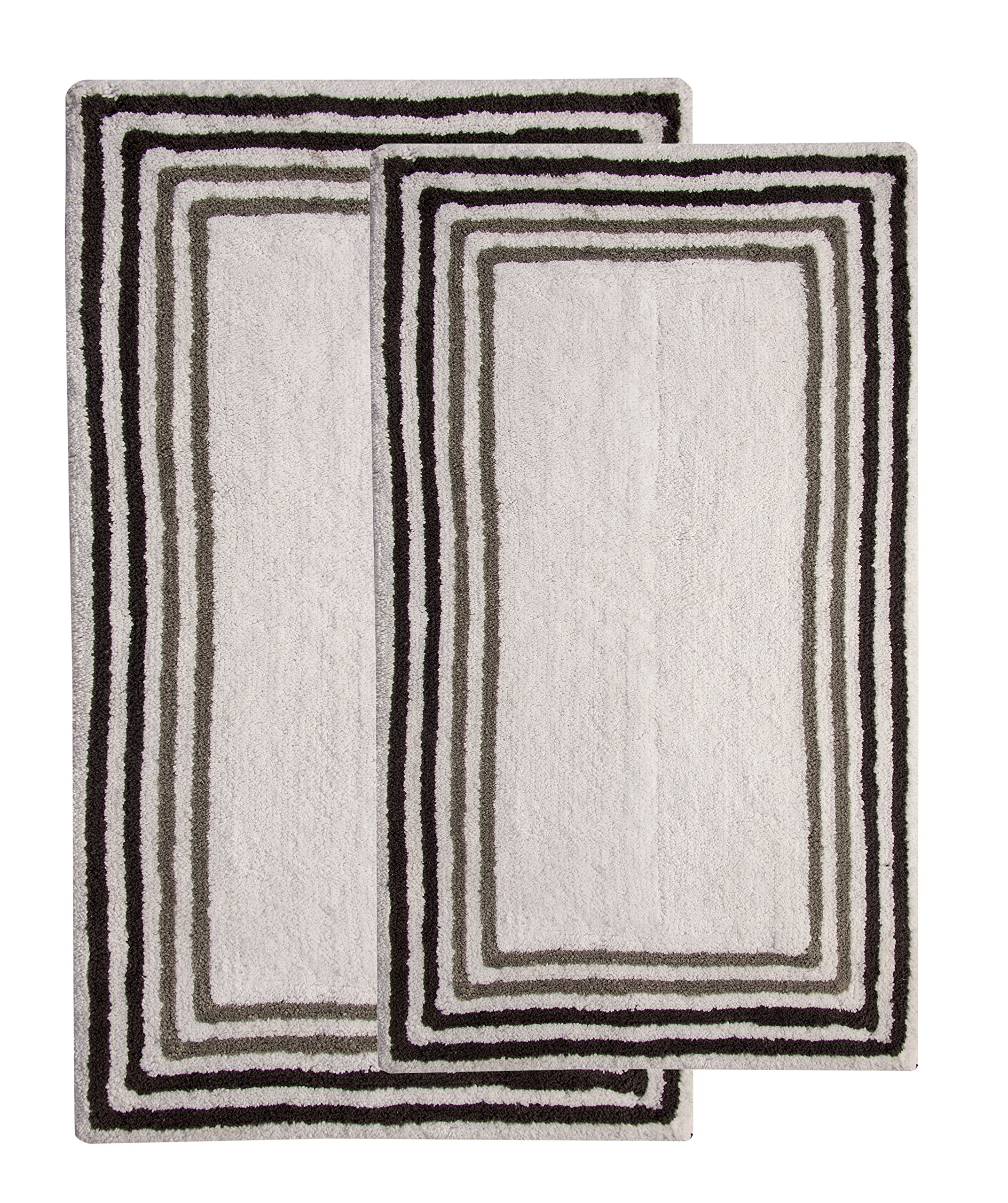 2 Piece Bath Rug Set, 100% Soft Cotton, Size 34x21 Inch and 36x24 Inch, Latex Spray Non-Skid Backing, White/Grey, Stripe Boarder, Handtufted, 190 GSF Wt, Machine Washable, Rectangular