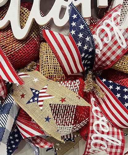 Miniatura 9 de 24" Round Patriotic Mesh Front Door Wreath with Welcome Sign Insert Option, Heavy Wire Base, Lots of Ribbon
