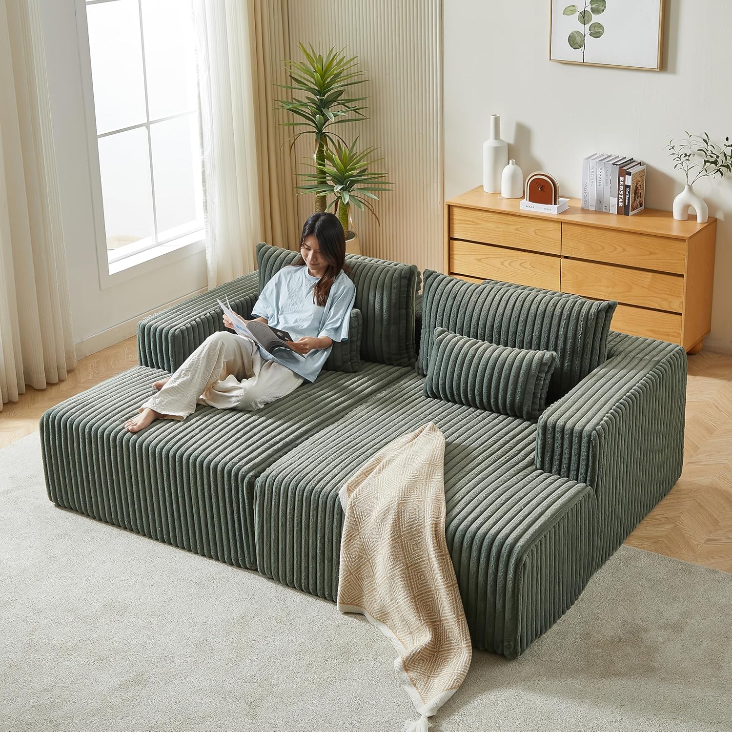WILLIAMSPACE 87" Oversized Sectional Lounge Chaise, Modern Cloud Plush Loveseat with Reclining Sofa Bed, Fluffy Foam Sleeper Sofa Chair for Living Room, No Assembly, No Wood Frame (Green)