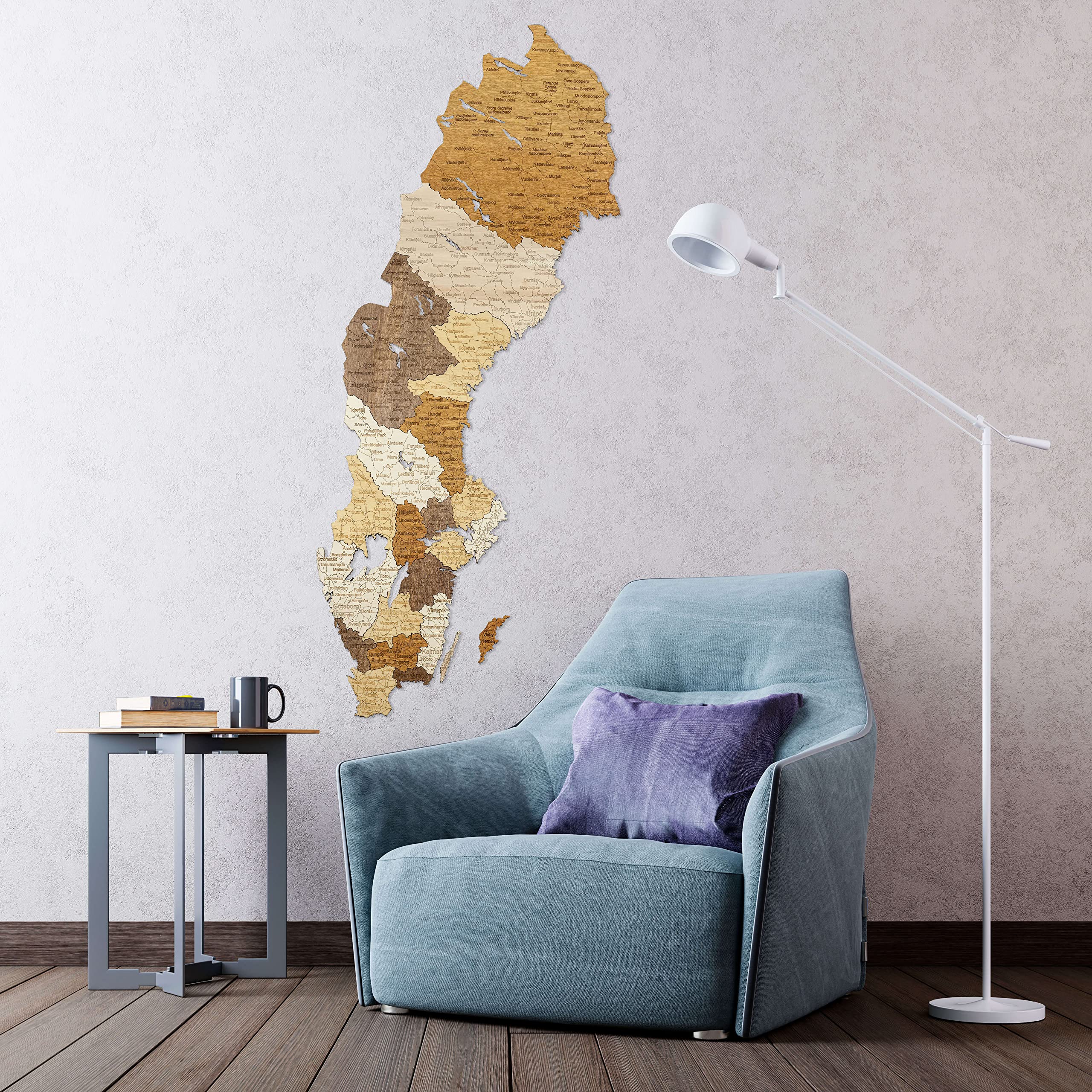 Drewniana mapa Szwecji (42 x 98 cm), wielowarstwowa duża sztuka ścienna z naturalnymi plamami - do salonu, gabinetu, biura