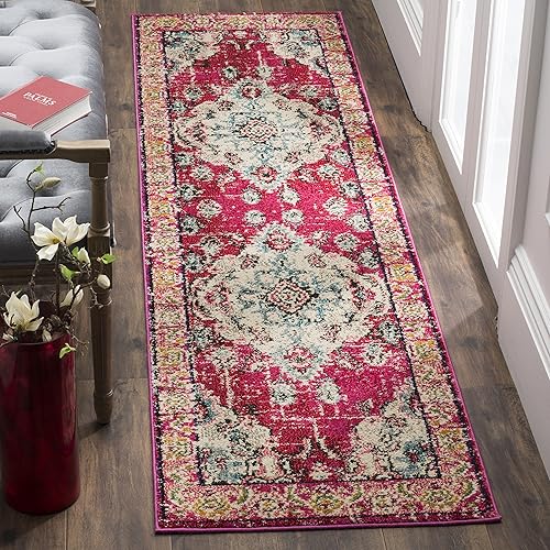 Safavieh Tapete para pasillo, colección Monaco, 2 pies 2 pulgadas x 12 pies, diseño desgastado de medallón, rosado y multicolor, no desprende