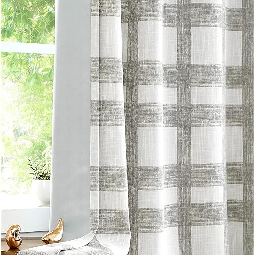 Central Park White Tan Plaid Blackout Window Curtain Linen Buffalo Check Geometric Panel 84" Long for Bedroom Living Room Grommets Top Rustic Farmhouse Room Darkening Thermal Insulated Drape, 1 Pc