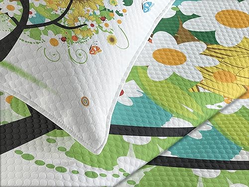 Miniatura 3 de Lunarable Colcha de girasol, árbol floral con margaritas, girasoles, mariposas, mariquitas, fantasía de primavera, juego de colcha acolchada