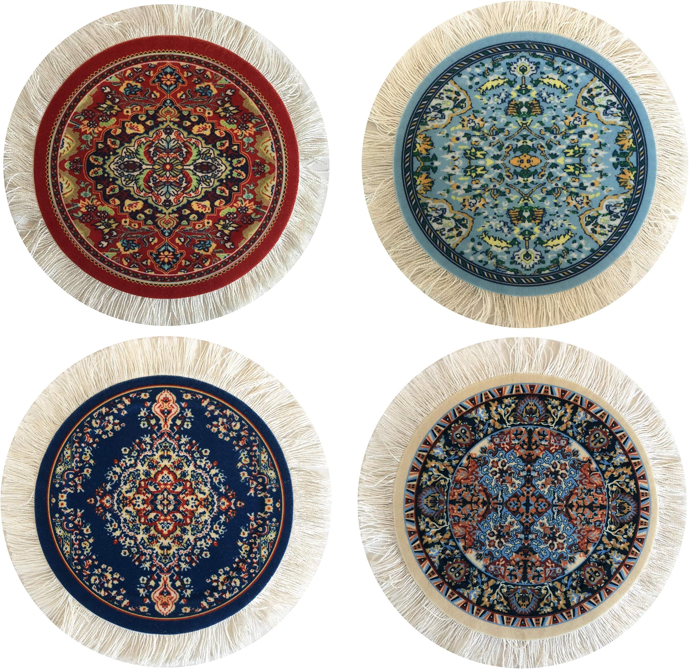 Inusitus Carpet Coasters, Set of 4 Turkish Rug Style Table Drink mats, Absorbent Kitchen and Dining Accessories, Spill & drip Protection, Round