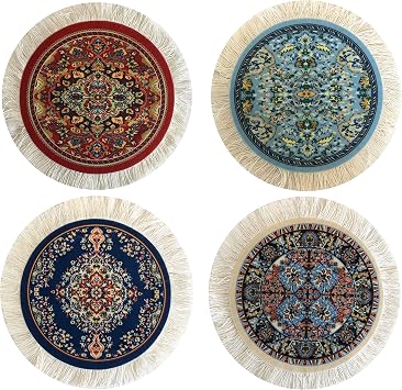 Turkish Rug Coasters Set of 4 Round Carpet-Style Drink mats with Fringe, Non-Slip Backing, Decorative Home Accent | Dining Accessory