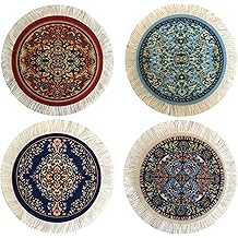 Turkish Rug Coasters Set of 4 &ndash; Round Carpet-Style Drink mats with Fringe, Non-Slip Backing, Decorative Home Accent | Dining Accessory