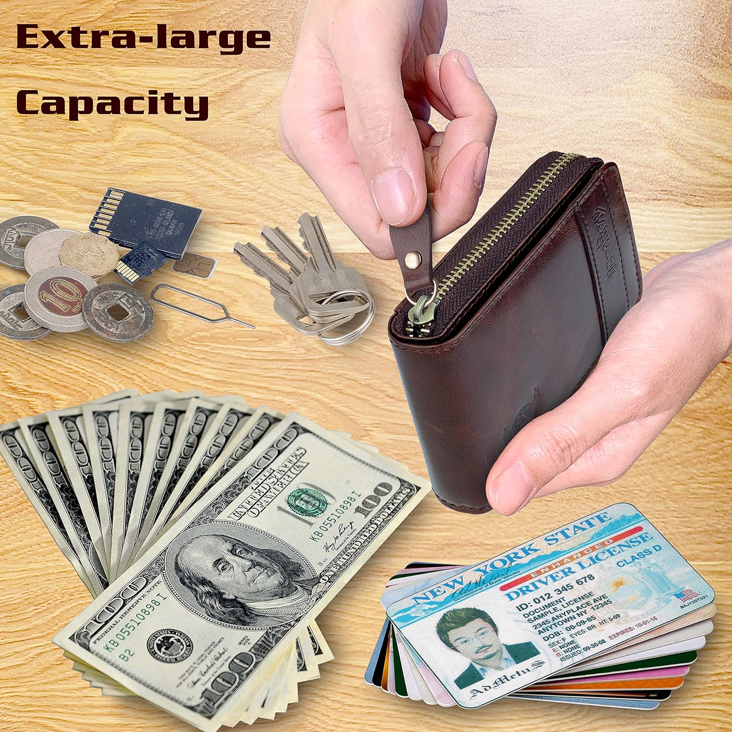 Admetus Men's Genuine Leather Bifold Zip-around Wallet with Elegant Gift - Image 3