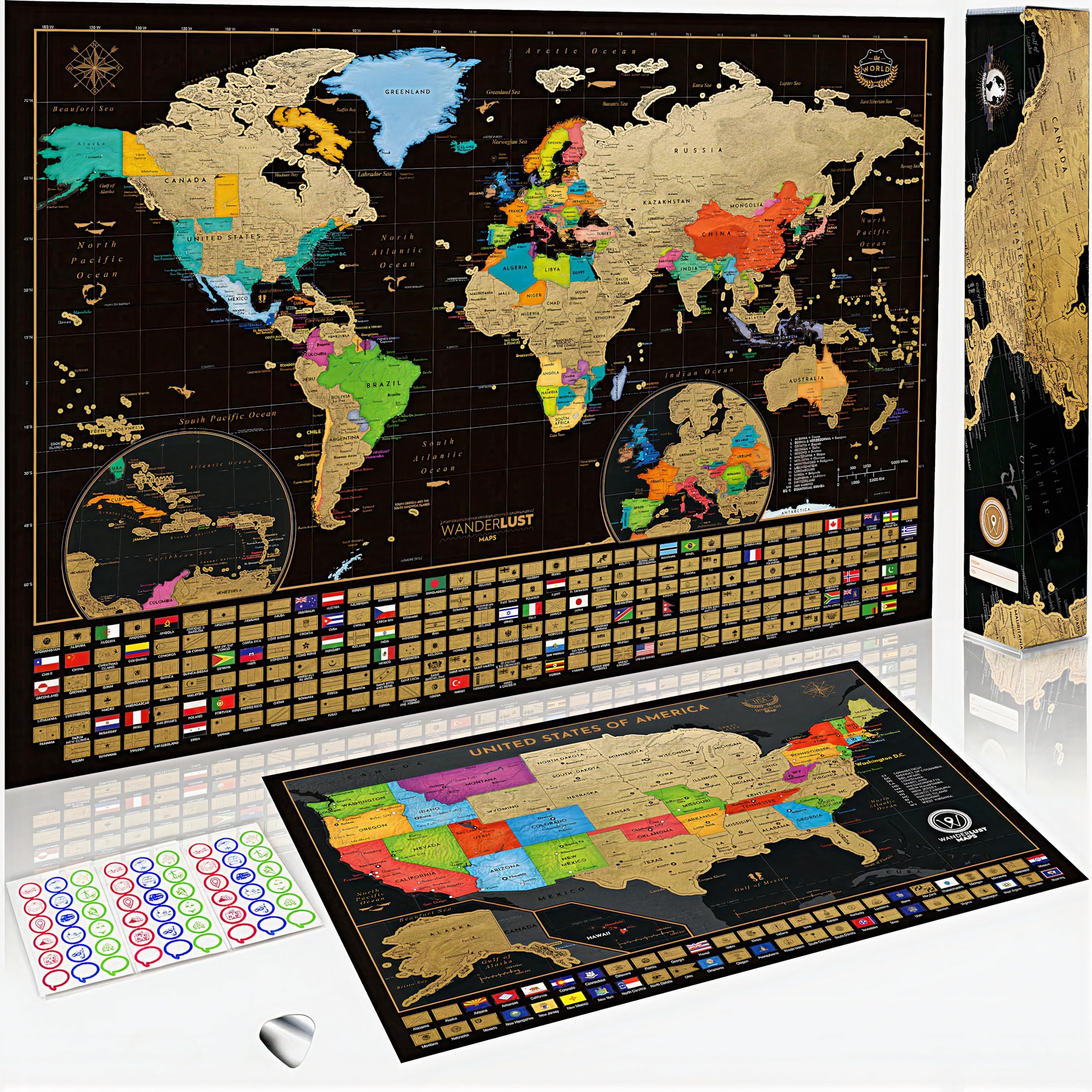 Two Scratch-Off Maps: World Map 17x24" + USA Map - Deluxe Travel Posters - Colorful Countries, US States, and Flags - Easy Scratch-Off Maps with Accessories for Travel Lovers - Name Tag Gift Box