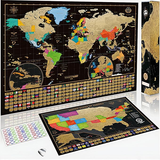 Two Scratch-Off Maps: World Map 17x24" + USA Map - Deluxe Travel Posters - Color