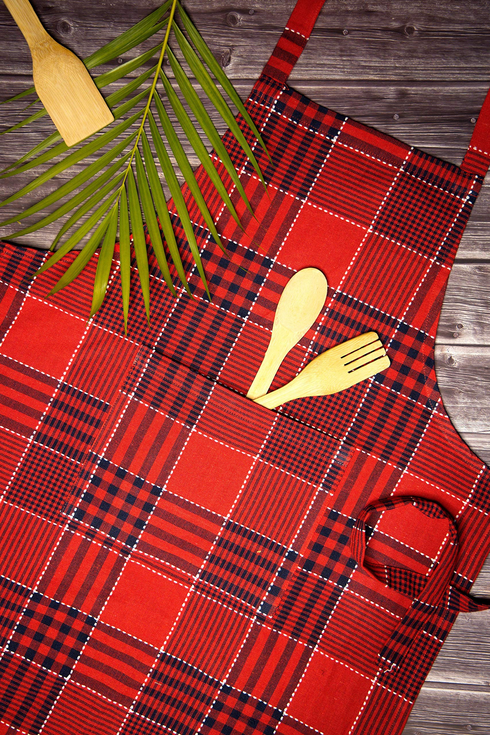 Raksha- Cotton Apron, 100% Cotton with Front Center Pocket with 2 Long Ties on Both 2 Sides (Red Checked)