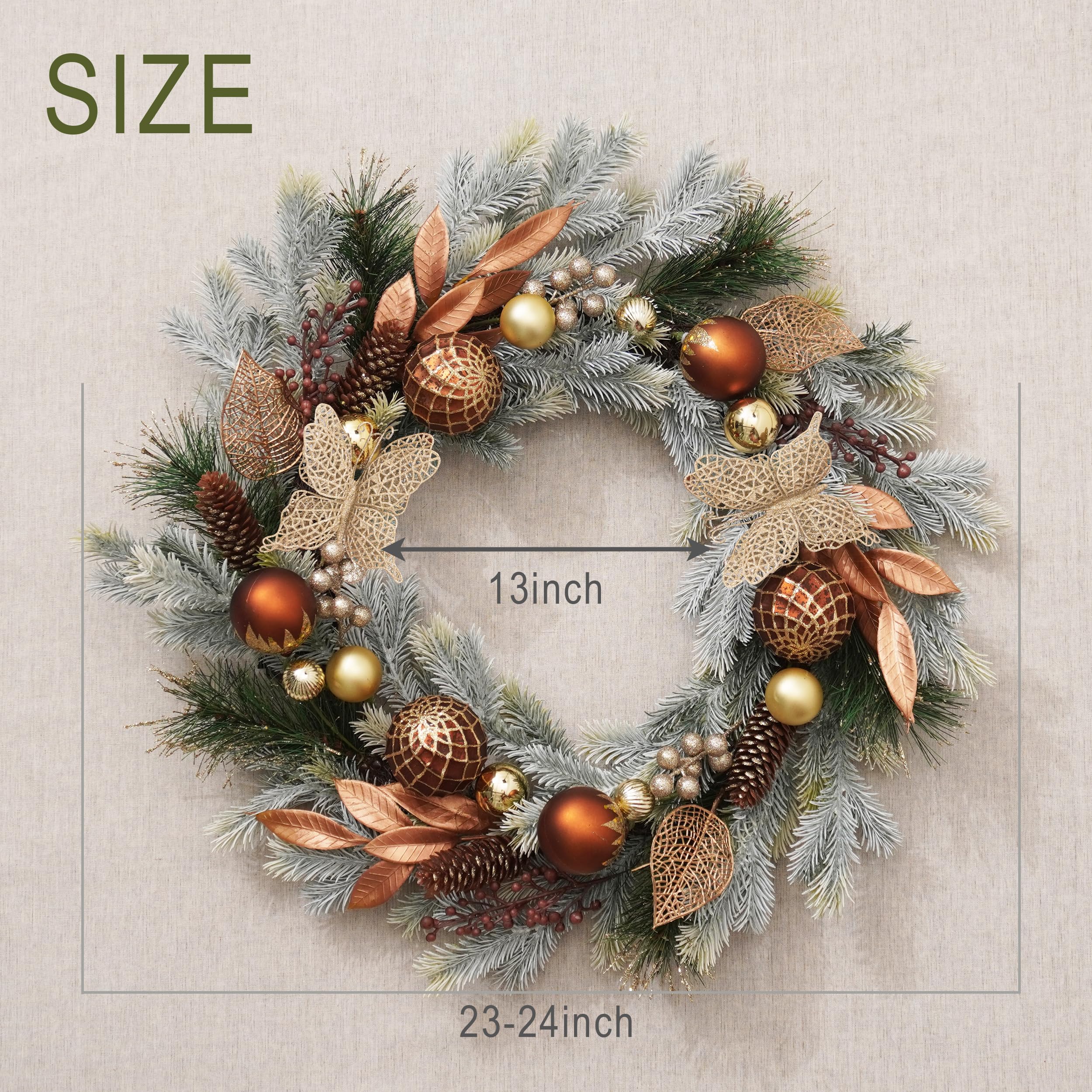 Decorbyhannah Couronne de Noël pliable – Couronnes de Noël pour porte d'entrée avec lumière – Décoration d'intérieur et d'extérieur avec pommes de pin et baies pour fenêtre de table et fenêtre (doré