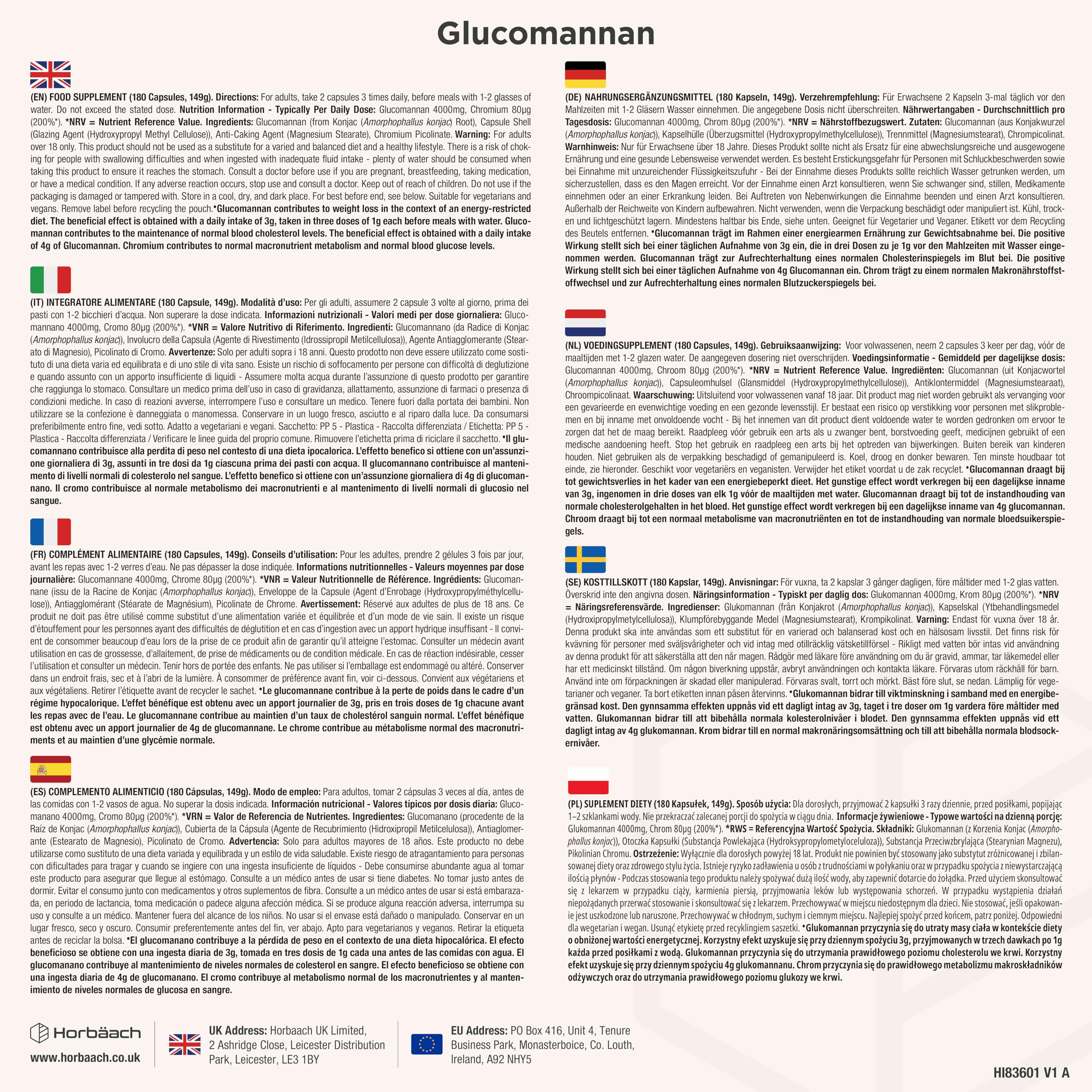 Glucomannane 4,000mg | Issues de la Racine de Konjac | 180 Pièces Véganes | 100% Pur | Horbaach