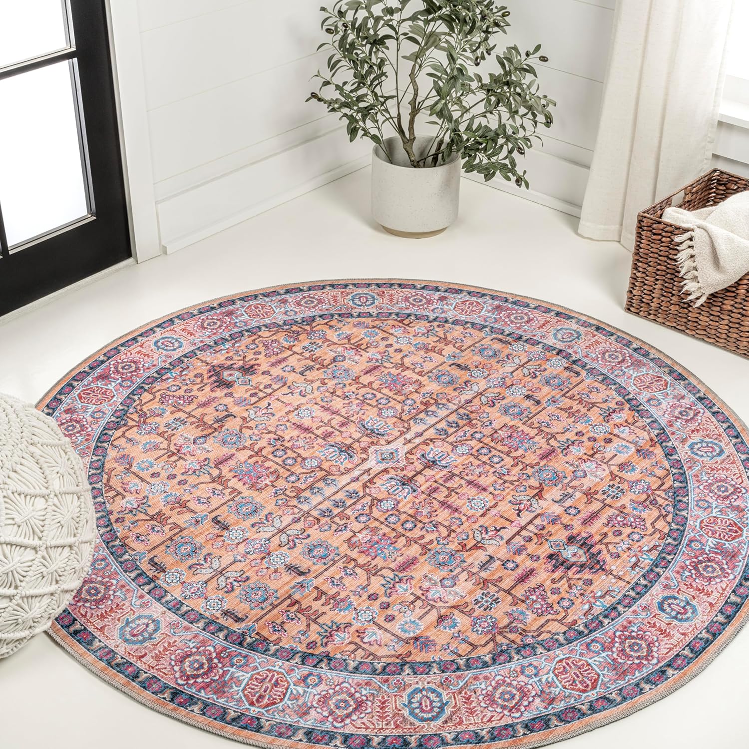 JONATHAN Y Machine Washable Multi Round Area Rug 6 ft, Kemer for Living Room, Bedroom, Kitchen, Office, Easy-Cleaning, High Traffic, Pet-Friendly, Non-Shedding (WSH104A-6R)