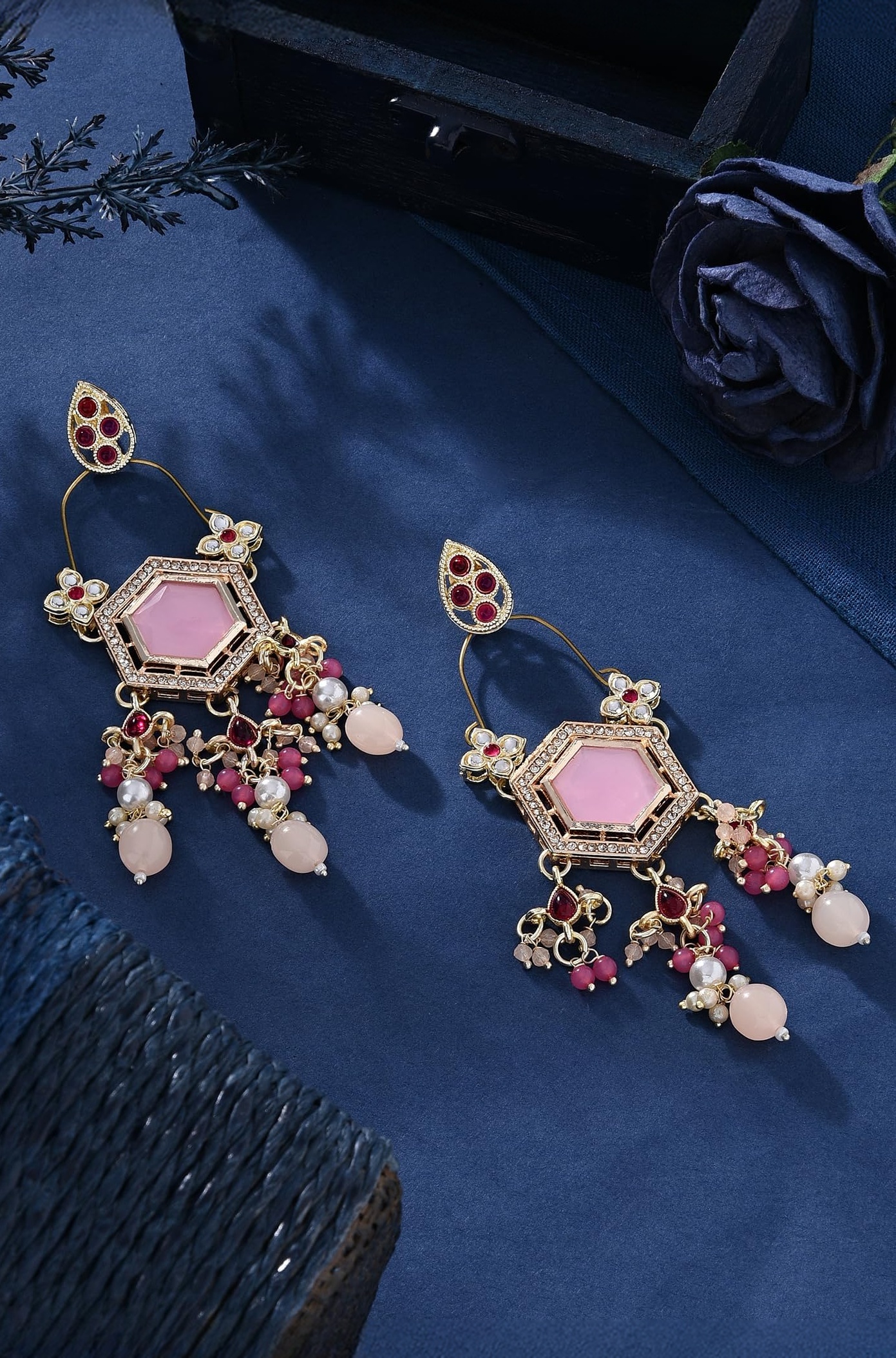 Pink Stones Kundan & Beads Dangle Ethnic Earring For Women -ZPFK16183