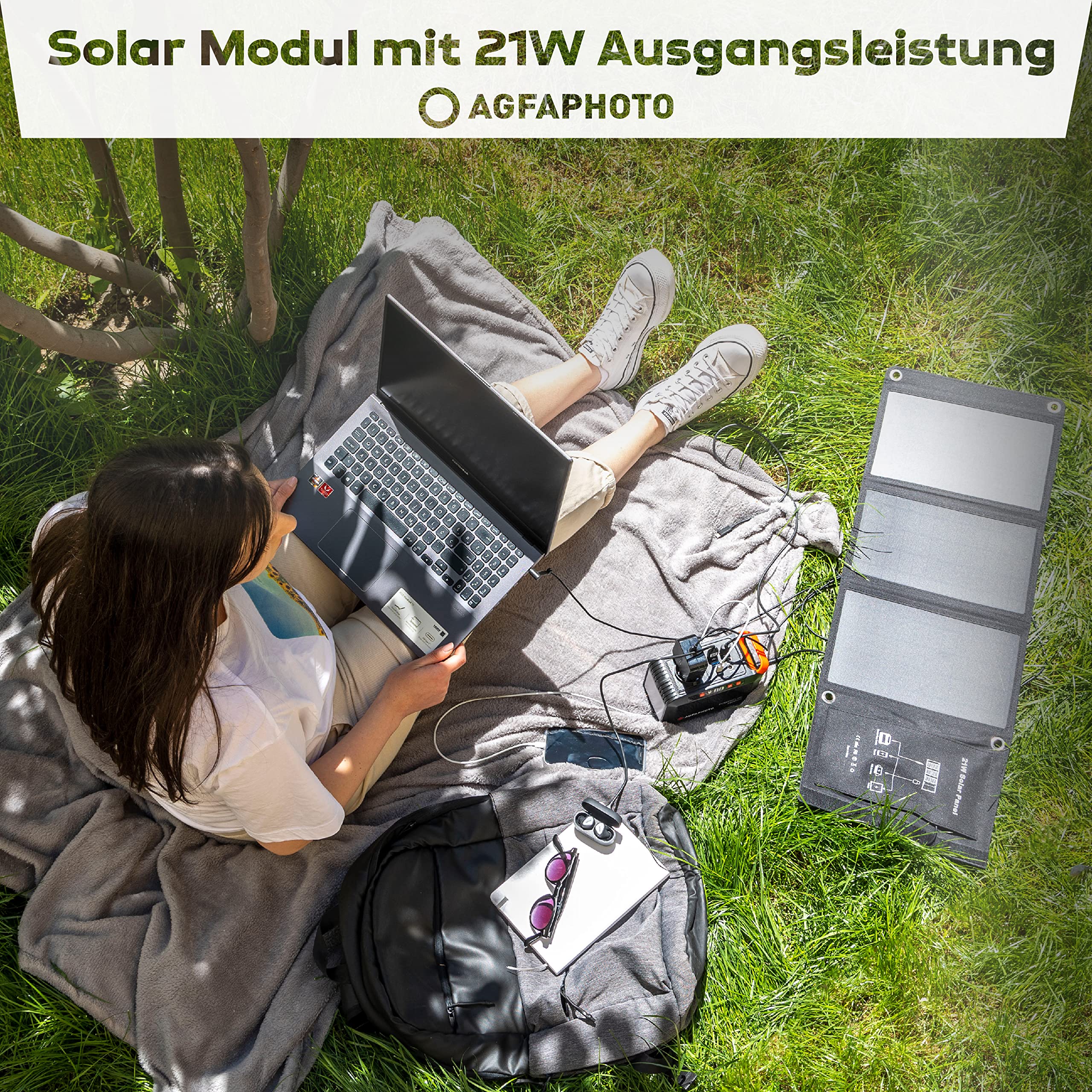 AGFAPHOTO Panel słoneczny SP21 | zewnętrzna ładowarka solarna | składana do aktywności na świeżym powietrzu | zasilanie do różnych urządzeń elektronicznych | ładowarka do urządzeń mobilnych