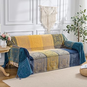 DECMAY Chenille Jacquard Boho Throw Blanket with Tassels, Throw for 2 3 4 Seater Sofa, Tartan Blankets and Throws for Bedspreads Armchairs Furniture Bed Throw Blue Yellow, 150 x 190 cm