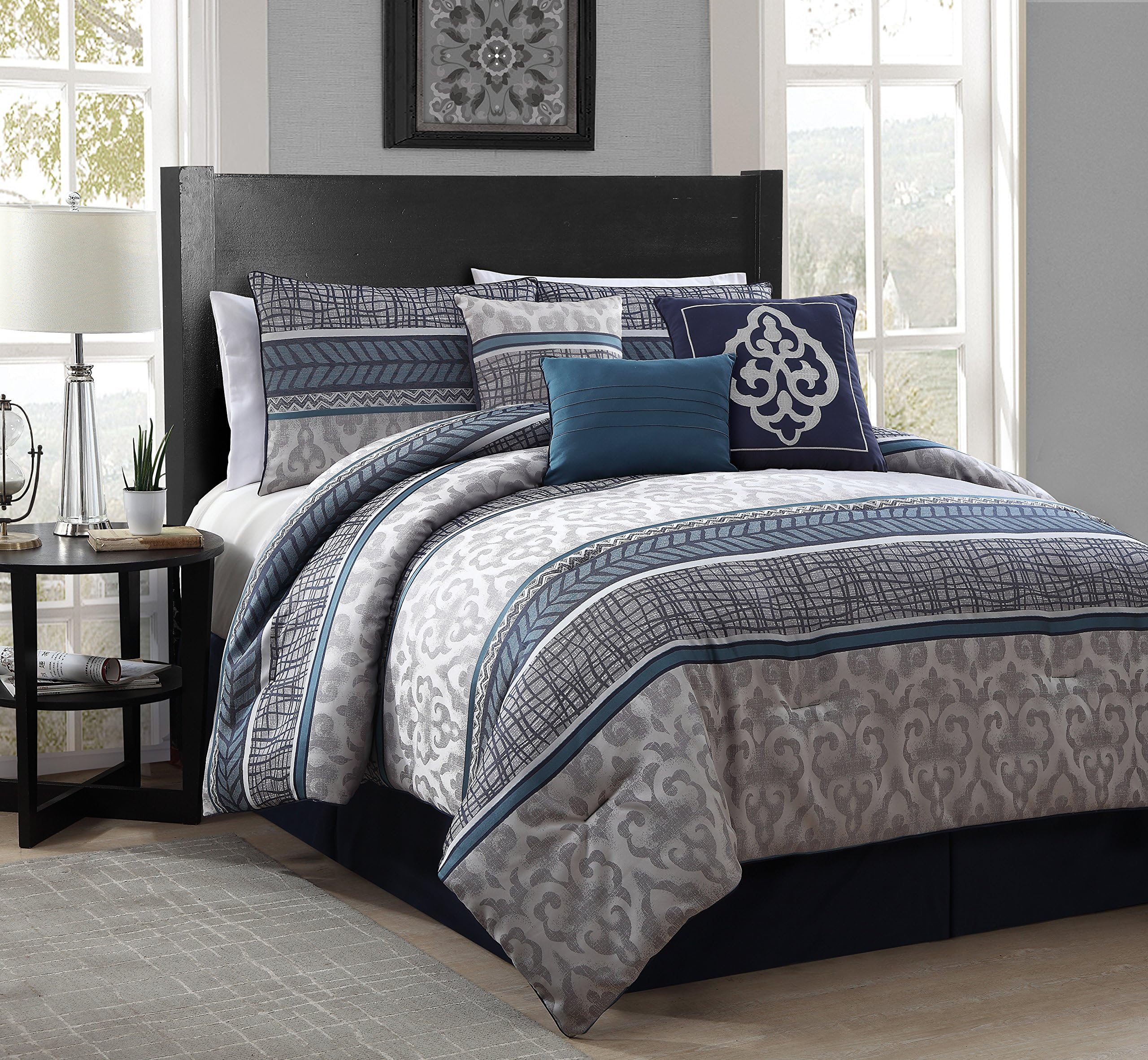 7 Piece Simon Jacquard Comforter Set, Queen, Blue
