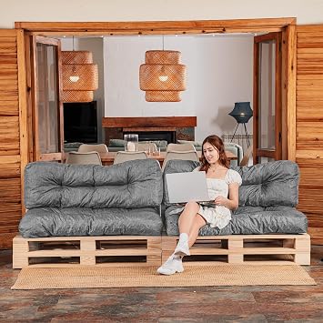 bananair - Pallet Cushions Outdoor - Water Repellent & UV Resistant Fabric - Highly Comfortable - Foam Padded Garden Furniture Cushions (2 Seats 120x80 cm + 2 Backs 120x40 cm, Grey)