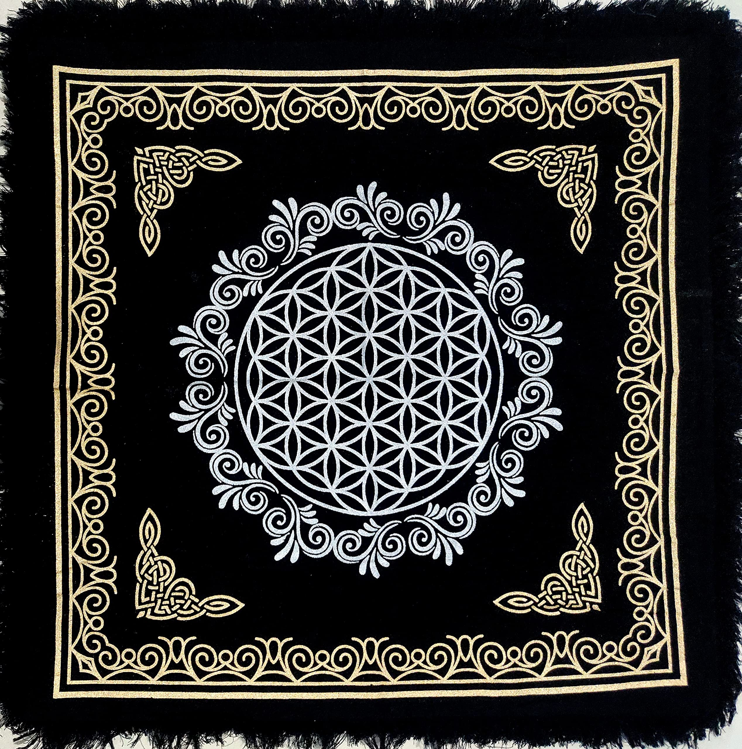 INDIAN CRAFT CASTLE Altar Cloth Hexagonal Metatron Witchcraft Alter Tarot Spread Top Cloth Wiccan Square Spiritual 24 by 24 Sacred Cloth (Hexagonal Metatron Gold Silver) Flower of Life