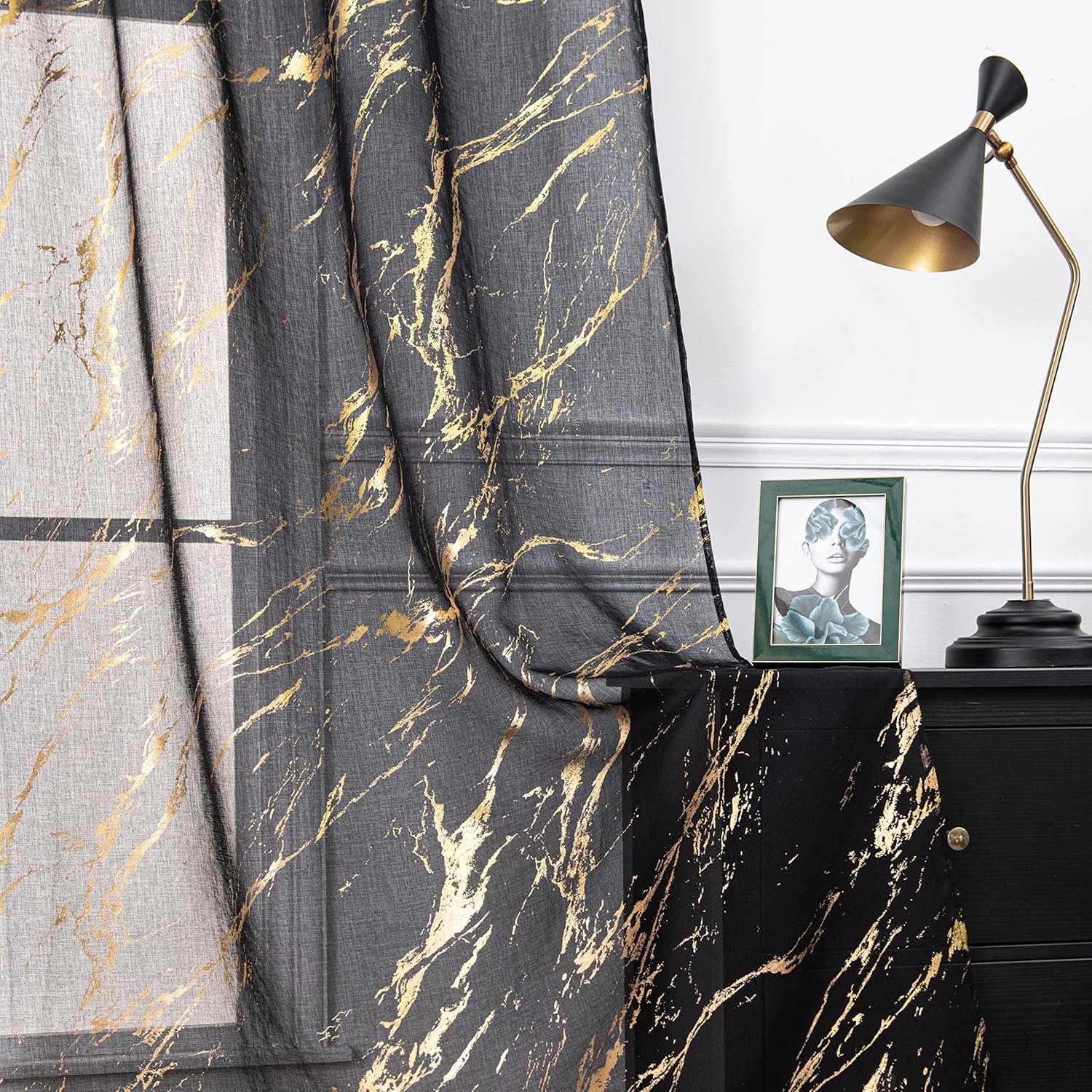 Gold Black Marble Sheer Curtains for Bedroom Living Room 2 Panels, Metallic Golden 84 Inch Length,Rod Pocket Privacy Sparkle Glitter for Halloween Decor Window Treatments, 52" X 84"