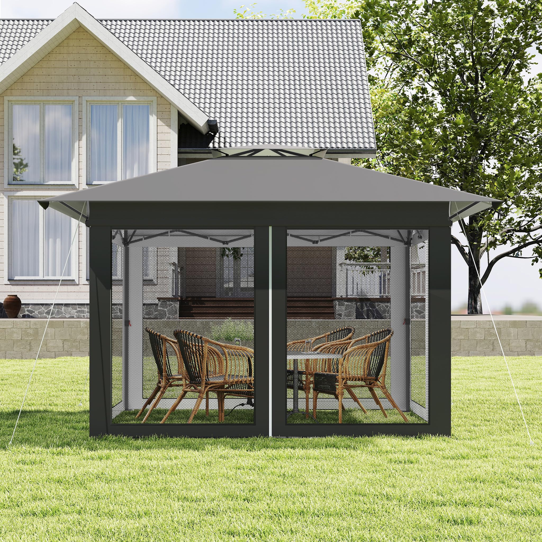 FIVMEN Gazebo pop-up 4 x 4, stabile, resistente all'inverno, pieghevole, regolabile in altezza, con doppio tetto e 4 zanzariere laterali, gazebo da giardino con borsa per il trasporto, antracite