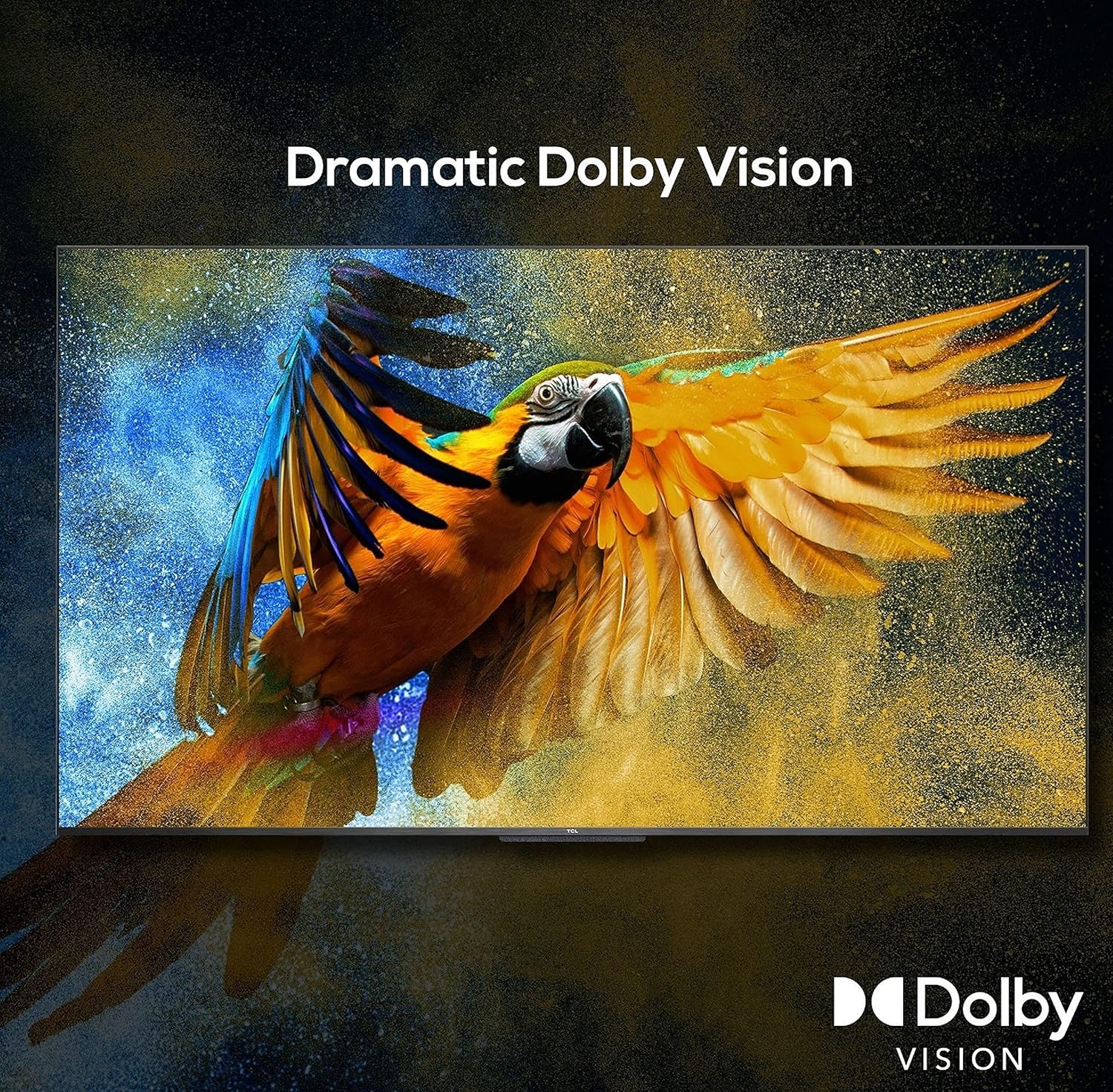 TCL 55C715 TV displaying a scenic image of a person standing before a waterfall with 'Dolby Atmos Audio' text overlay.