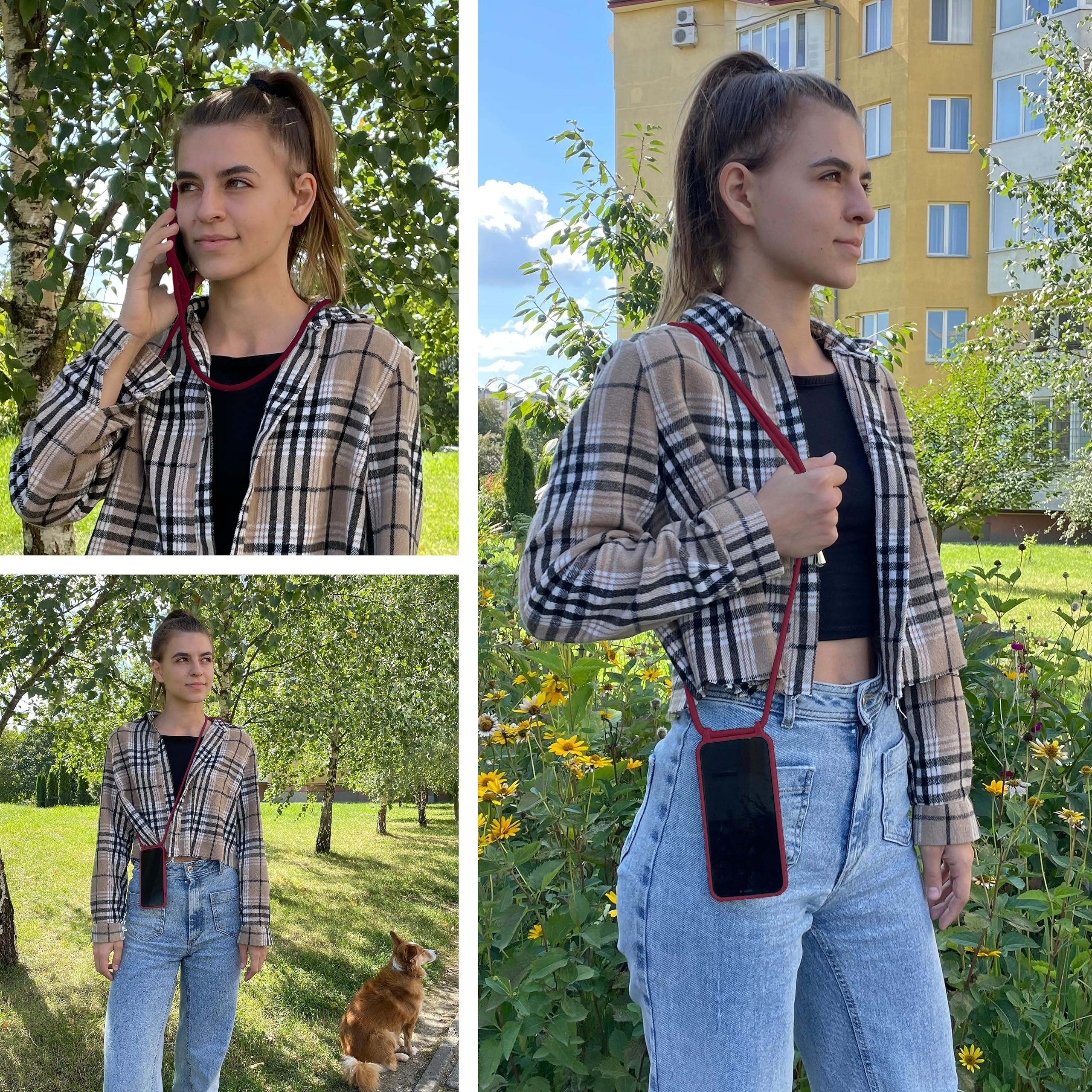 MyGadget smycz do telefonu dla Apple iPhone 15 Pro - [ Etui z regulowanym paskiem ] - TPU etui z paskiem do zawieszenia - Sznurek pokrowiec ochronny - Bordowa czerwień