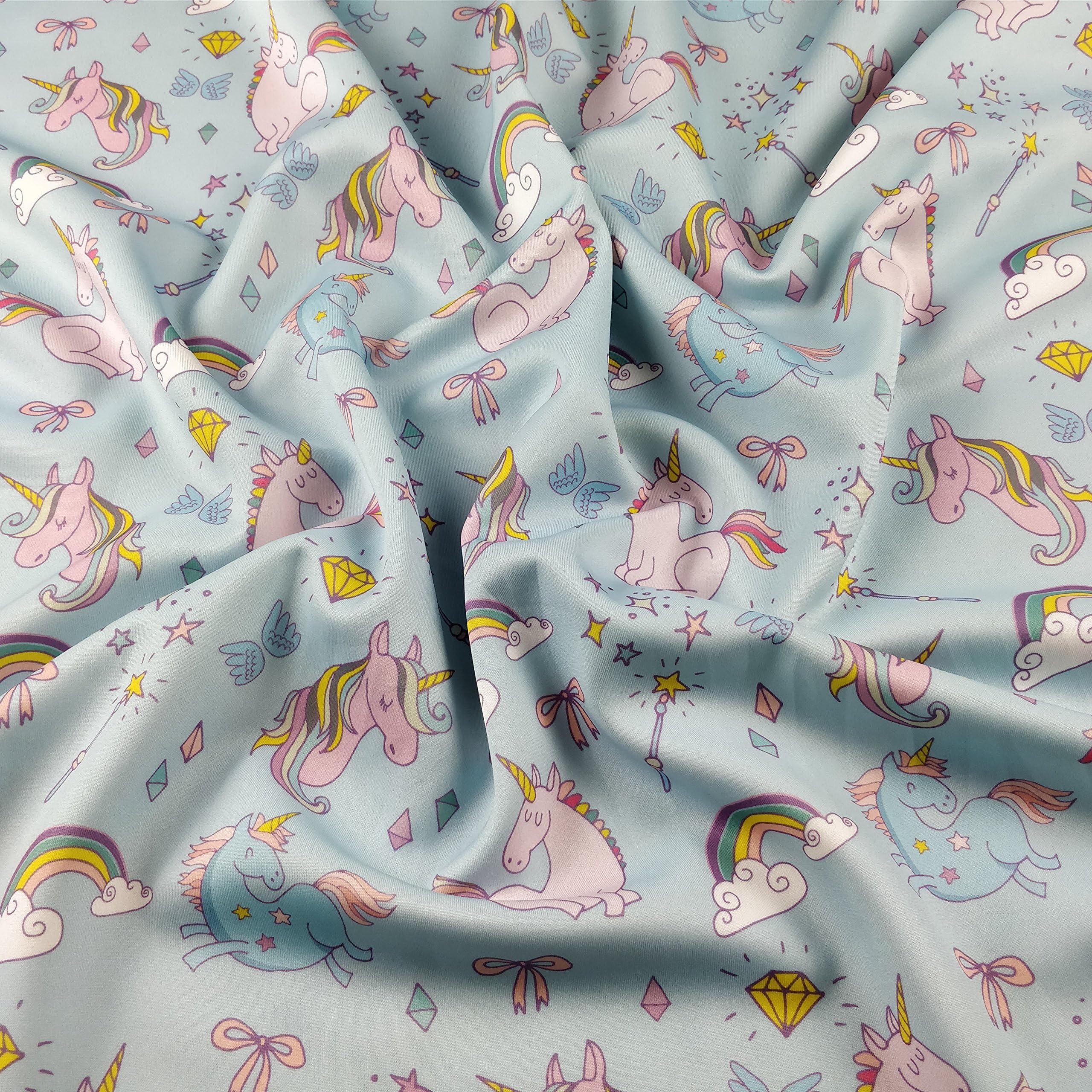 FS169_3 Blue Unicorn Rainbow Print on Jersey Scuba Stretch Fabric - Sold Per Metre
