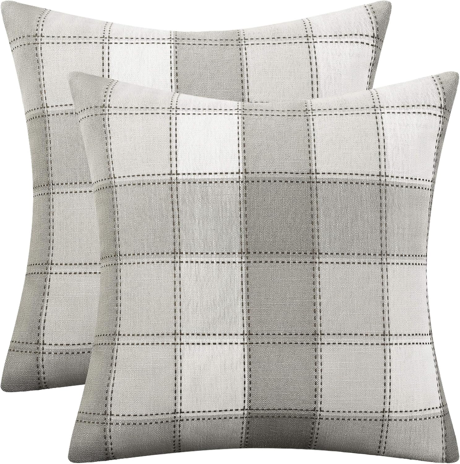 AmHoo Set of 2 Buffalo Check Linen Pillow Covers Plaid Retro Buffalo Pillowcases Cushion Case for Farmhouse Home Bedroom Sofa Car 18 x 18 Light Grey