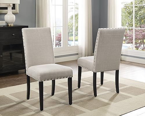 Miniatura 2 de Juego de 2 sillas de comedor para habitación, mesa y asientos de cocina, tapizada de tela con ribete de cabeza de clavo, marco de madera dura