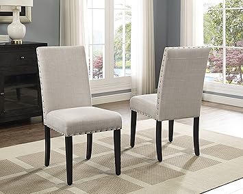 Roundhill Furniture Biony Tan Fabric Dining Chairs with Nailhead Trim, Set of 2, Brown, Tan