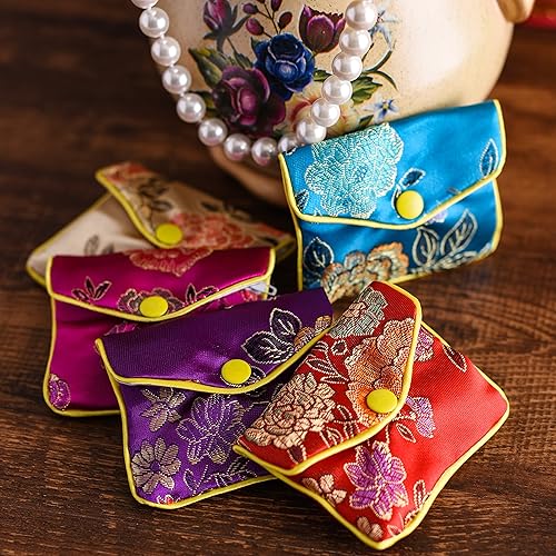 Miniatura 6 de handrong 30 bolsas de seda bolsa de regalo de joyería pequeña brocado chino organizador de monedas bordado bolsillo con cierre de broche y