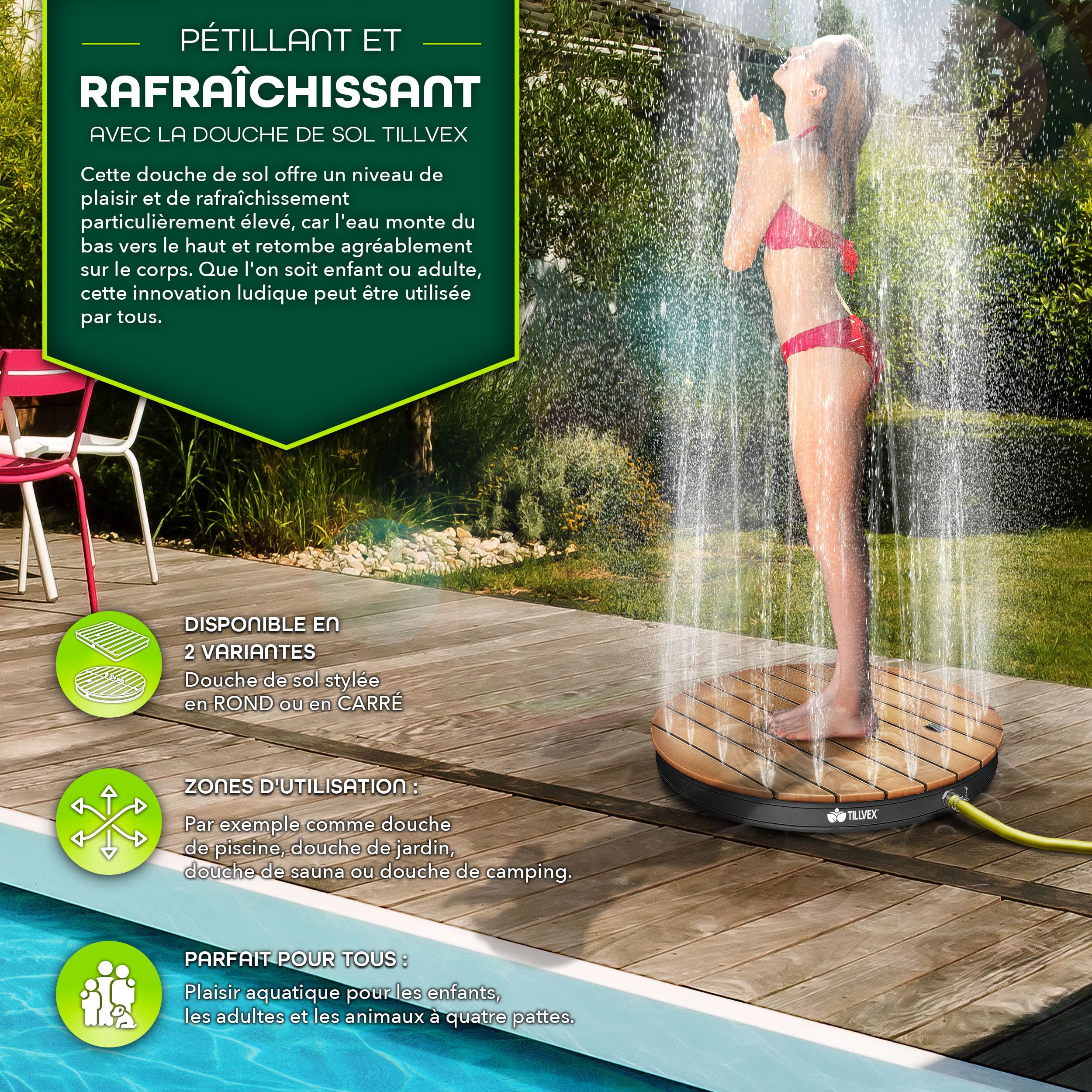 tillvex® Douche de Jardin extérieure jusqu'à 4m de Hauteur de Jet | Douche au Sol avec pédale | Douche de Camping, Sol antidérapante | Douche de Sauna (Anthracite - Rond)