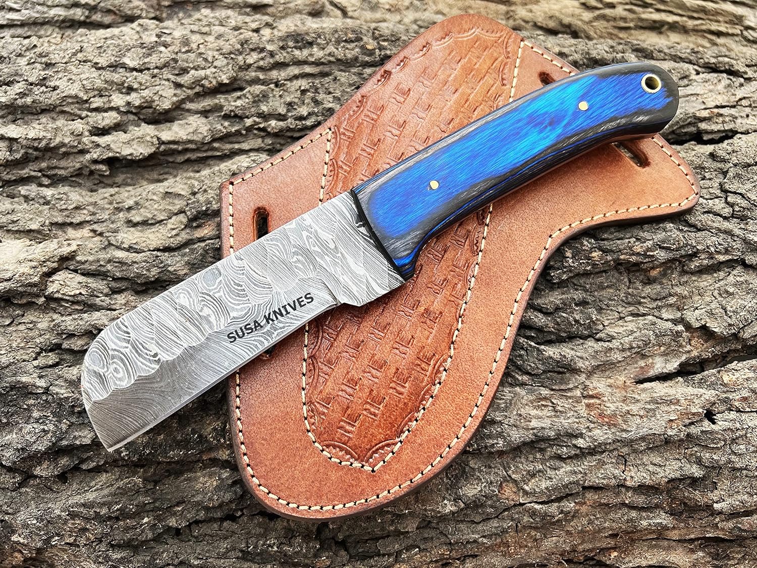 Custom Handmade Damascus steel Bull cutter knife, cowboy knives with pancake leather sheath/Brown pakka wood handle (BLUE)