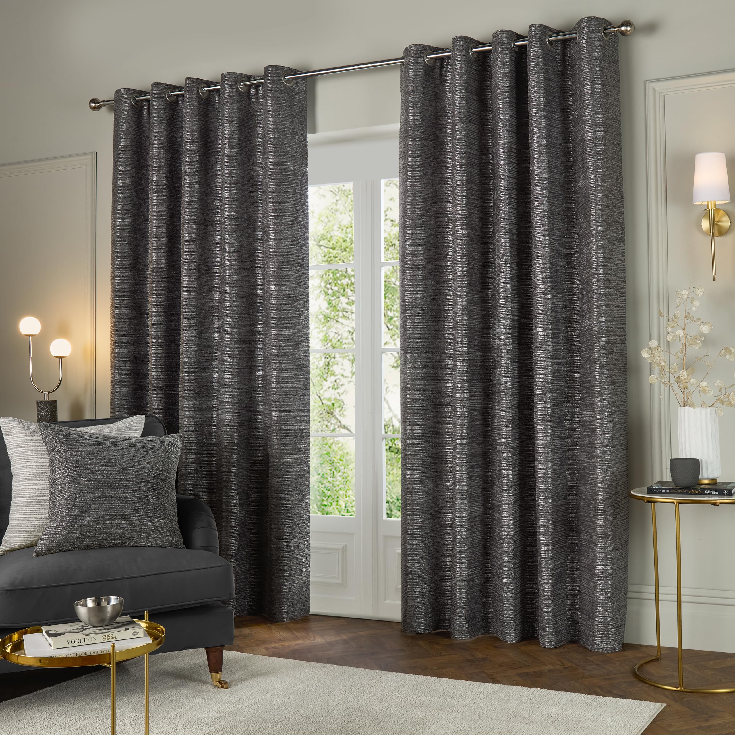 Paoletti Jupiter Room Darkening Eyelet Curtain Pair - Elegant Jacquard Chenille Lined Ring Top Drapes (Graphite - 117x183cm) - Image 2