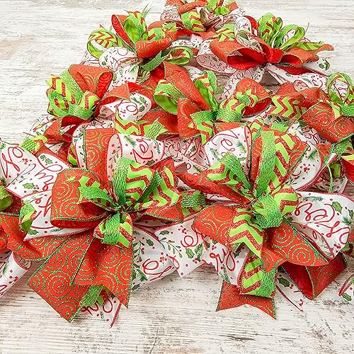 Miniatura 9 de Red Lime Green Christmas Holiday Lantern Wreath Bow - Burlap Wreath Embellishment for Making Your Own - Layered Full Handmade Farmhouse Already Made