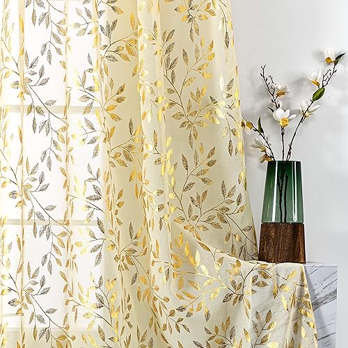 Sutuo Home Juego de 2 paneles de cortinas traslúcidas beige de 84 pulgadas de largo, hojas bronceadoras metálicas con estampado de lámina dorada,