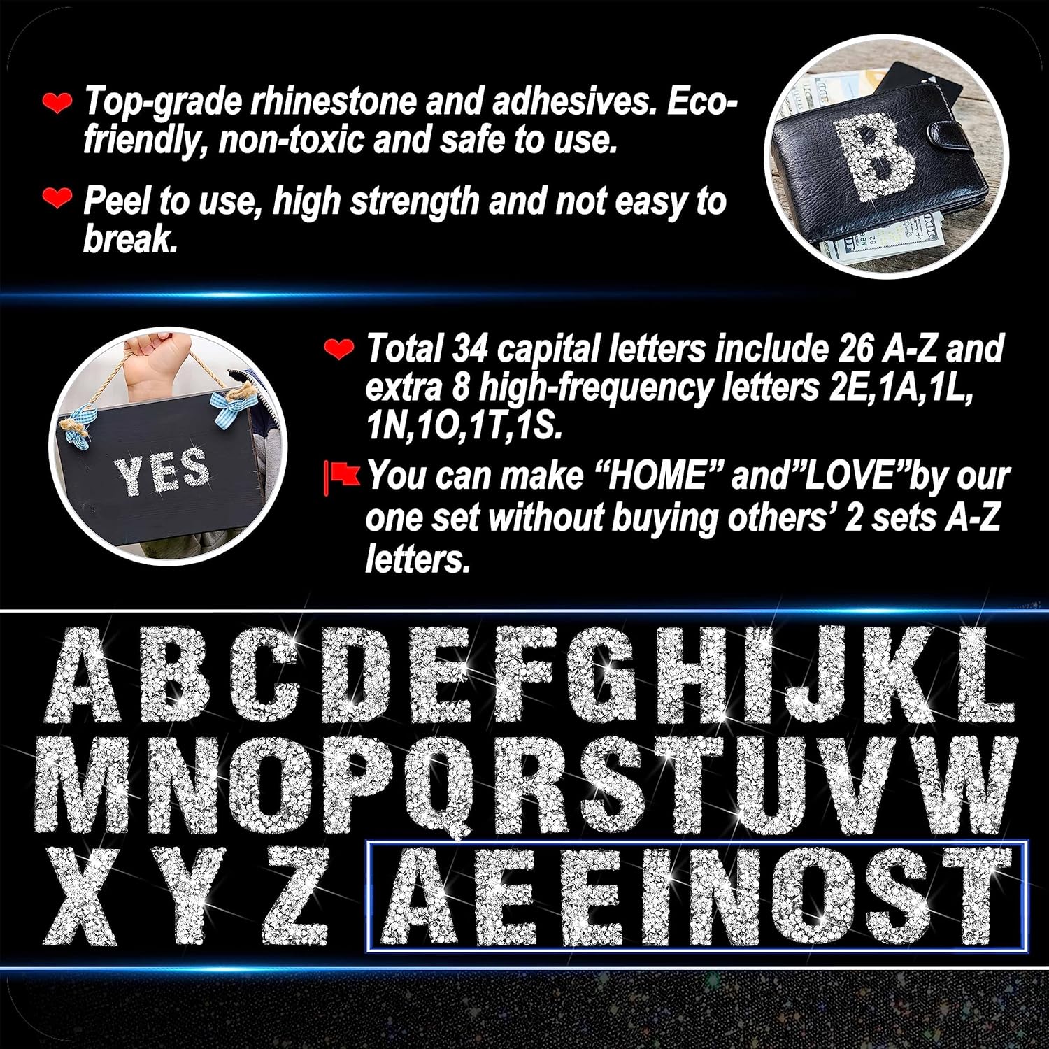 Locacrystal 68Pcs Bling Resin Rhinestone Alphabet Letter Stickers A-Z Letters DIY Car Decoration Sticker Self-Adhesive Iron-On Crystal Word Stickers for Cars Arts Crafts Clothing